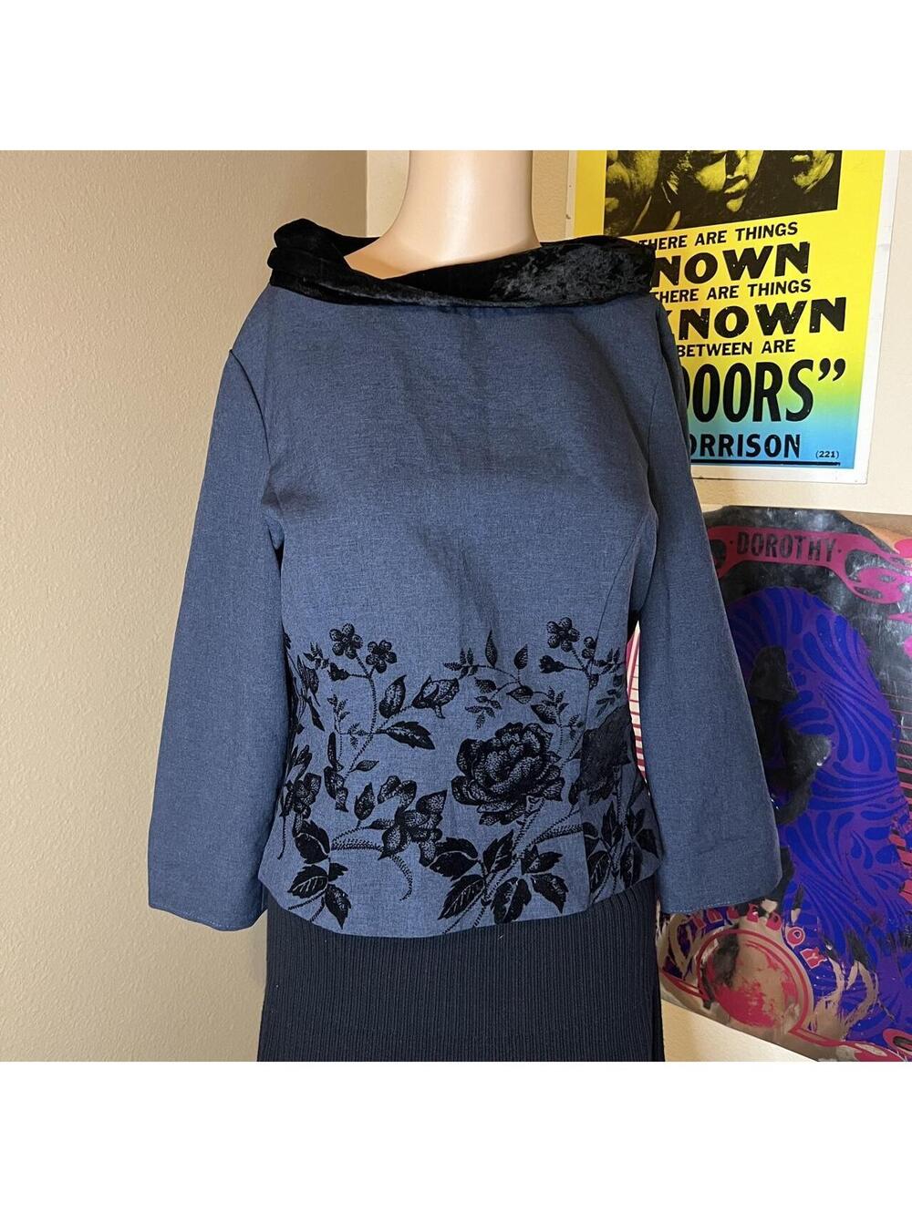 Vintage All That Jazz Black Velvet Floral Printed Cowl Neck Top